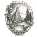 A river with a berry bush on one side and a campfire on the other waterfalls down the front tattoo design idea
