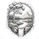 A river with a berry bush on one side and a campfire on the other waterfalls down the front tattoo design idea