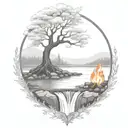 A River With A campfire and a rowan tree on either side of It Waterfalls Down The Front tattoo design idea