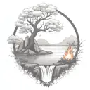 A River With A campfire and a rowan tree on either side of It Waterfalls Down The Front tattoo design idea