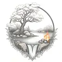 A River With A campfire and a rowan tree on either side of It Waterfalls Down The Front tattoo design idea