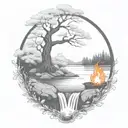 A River With A campfire and a rowan tree on either side of It Waterfalls Down The Front tattoo design idea