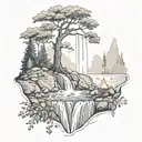 A River With A campfire and a berry bush Beside It Waterfalls Down The Front tattoo design idea