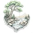 A River With A campfire and a berry bush Beside It Waterfalls Down The Front tattoo design idea