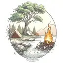 a rowan berry bush and a campfire beside a river tattoo design idea