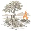 a rowan berry bush and a campfire beside a river tattoo design idea