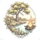 a rowan berry bush and a campfire beside a river tattoo design idea
