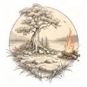 a rowan berry bush and a campfire beside a river tattoo design idea