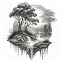 A river with a tree on one side and a fire on the other waterfalls down the front tattoo design idea