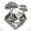 A river with a tree on one side and a fire on the other waterfalls down the front tattoo design idea
