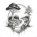 A river with a tree on one side and a fire on the other waterfalls down the front tattoo design idea
