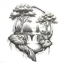 A river with a tree on one side and a fire on the other waterfalls down the front tattoo design idea