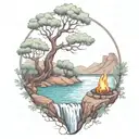 A River With A campfire and an olive tree on either side of It Waterfalls Down The Front tattoo design idea