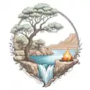 A River With A campfire and an olive tree on either side of It Waterfalls Down The Front tattoo design idea