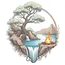 A River With A campfire and an olive tree on either side of It Waterfalls Down The Front tattoo design idea