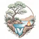 A River With A campfire and an olive tree on either side of It Waterfalls Down The Front tattoo design idea