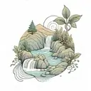 a river winding through small hills, past a berry bush and ending in a waterfall down through the middle bottom tattoo design idea