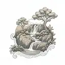 a river winding through small hills, past a berry bush and ending in a waterfall down through the middle bottom tattoo design idea