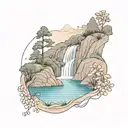a river winding through small hills, past a berry bush and ending in a waterfall down through the middle bottom tattoo design idea