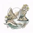 a river winding through small hills, past a berry bush and ending in a waterfall down through the middle bottom tattoo design idea