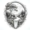 A river with a rowan berry bush on one side and a campfire on the other side waterfalls down the front tattoo design idea
