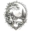 A river with a rowan berry bush on one side and a campfire on the other side waterfalls down the front tattoo design idea