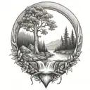 A river with a rowan berry bush on one side and a campfire on the other side waterfalls down the front tattoo design idea