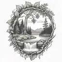 A river with a rowan berry bush on one side and a campfire on the other side waterfalls down the front tattoo design idea