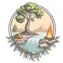 a rowan berry tree and a campfire beside a river waterfalling down the front tattoo design idea