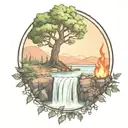 a rowan berry tree and a campfire beside a river waterfalling down the front tattoo design idea