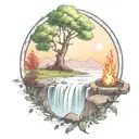 a rowan berry tree and a campfire beside a river waterfalling down the front tattoo design idea
