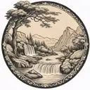 a river winds through low hills, past a campfire and ends in a waterfall, breaking through and flowing out tattoo design idea