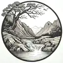 a river winds through low hills, past a campfire and ends in a waterfall, breaking through and flowing out tattoo design idea