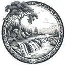 a river winds through low hills, past a campfire and ends in a waterfall, breaking through and flowing out tattoo design idea