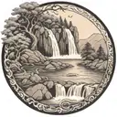 a river winds through low hills, past a campfire and ends in a waterfall, breaking through and flowing out tattoo design idea