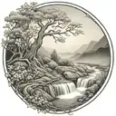 a winding river flows through low hills, past a berry bush and ends in a waterfall flowing through the bottom tattoo design idea