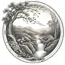 a winding river flows through low hills, past a berry bush and ends in a waterfall flowing through the bottom tattoo design idea