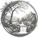 a winding river flows through low hills, past a berry bush and ends in a waterfall flowing through the bottom tattoo design idea