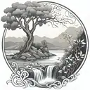 a winding river flows through low hills, past a berry bush and ends in a waterfall flowing through the bottom tattoo design idea