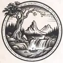 a river winds through rounded mountain knobs, past a campfire, and ends in a waterfall, flowing through the bottom tattoo design idea