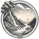 a river winds through rounded mountain knobs, past a campfire, and ends in a waterfall, flowing through the bottom tattoo design idea