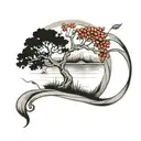 a winding river with a rowan tree beside it tattoo design idea
