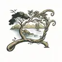 a winding river with a rowan tree beside it tattoo design idea