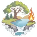 a rowan berry tree and a campfire beside a river waterfalling down the front tattoo design idea