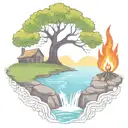 a rowan berry tree and a campfire beside a river waterfalling down the front tattoo design idea