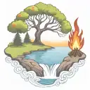 a rowan berry tree and a campfire beside a river waterfalling down the front tattoo design idea