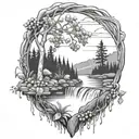 A river with a small berry bush on one side and a campfire on the other side waterfalls down the front tattoo design idea