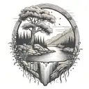 A river with a small berry bush on one side and a campfire on the other side waterfalls down the front tattoo design idea
