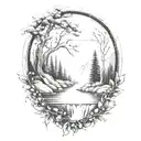 A river with a small berry bush on one side and a campfire on the other side waterfalls down the front tattoo design idea