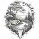A river with a small berry bush on one side and a campfire on the other side waterfalls down the front tattoo design idea